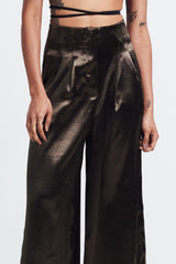 High waist pleated shiny pants in moss green, Singapore sustainable fashion brand