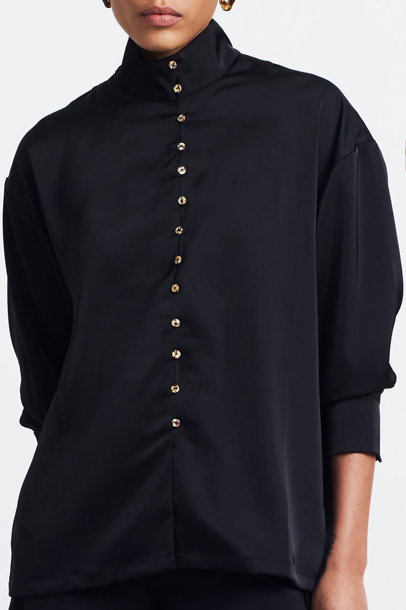 Long sleeve high neck tencel shirt sustainable muslimah fashion STUDIO ALTC SABBIA BUTTON UP SHIRT BLACK