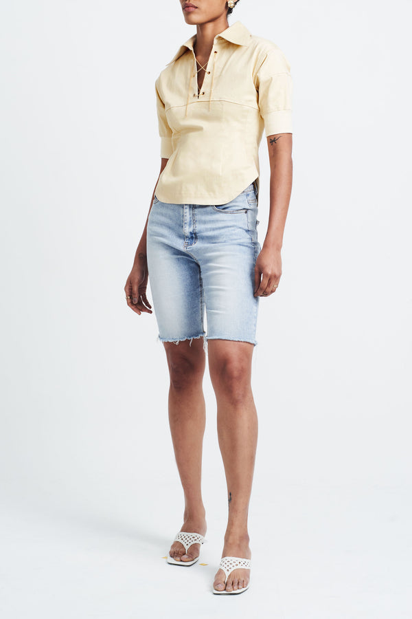 Unique collared cotton poplin office shirt- short sleeve and curved hem LIDO PANEL TOP STUDIO ALTC